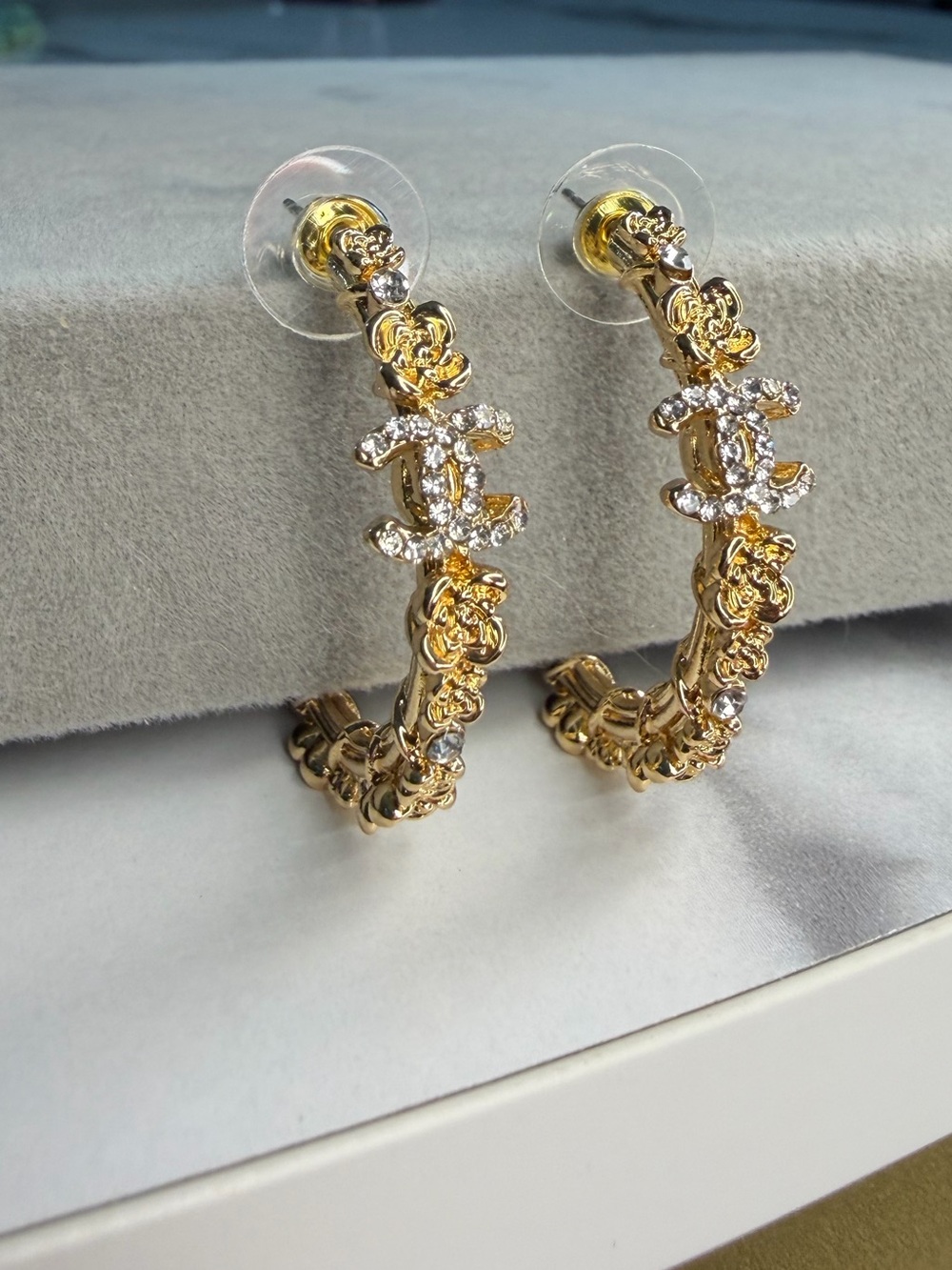 CHANEL 18K Gold Plated Floral Hoop Earrings with Crystal Accents